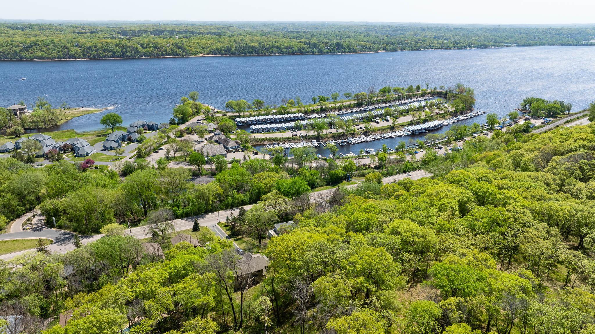 Aerial view from above lot looking east towards Bayport Marina