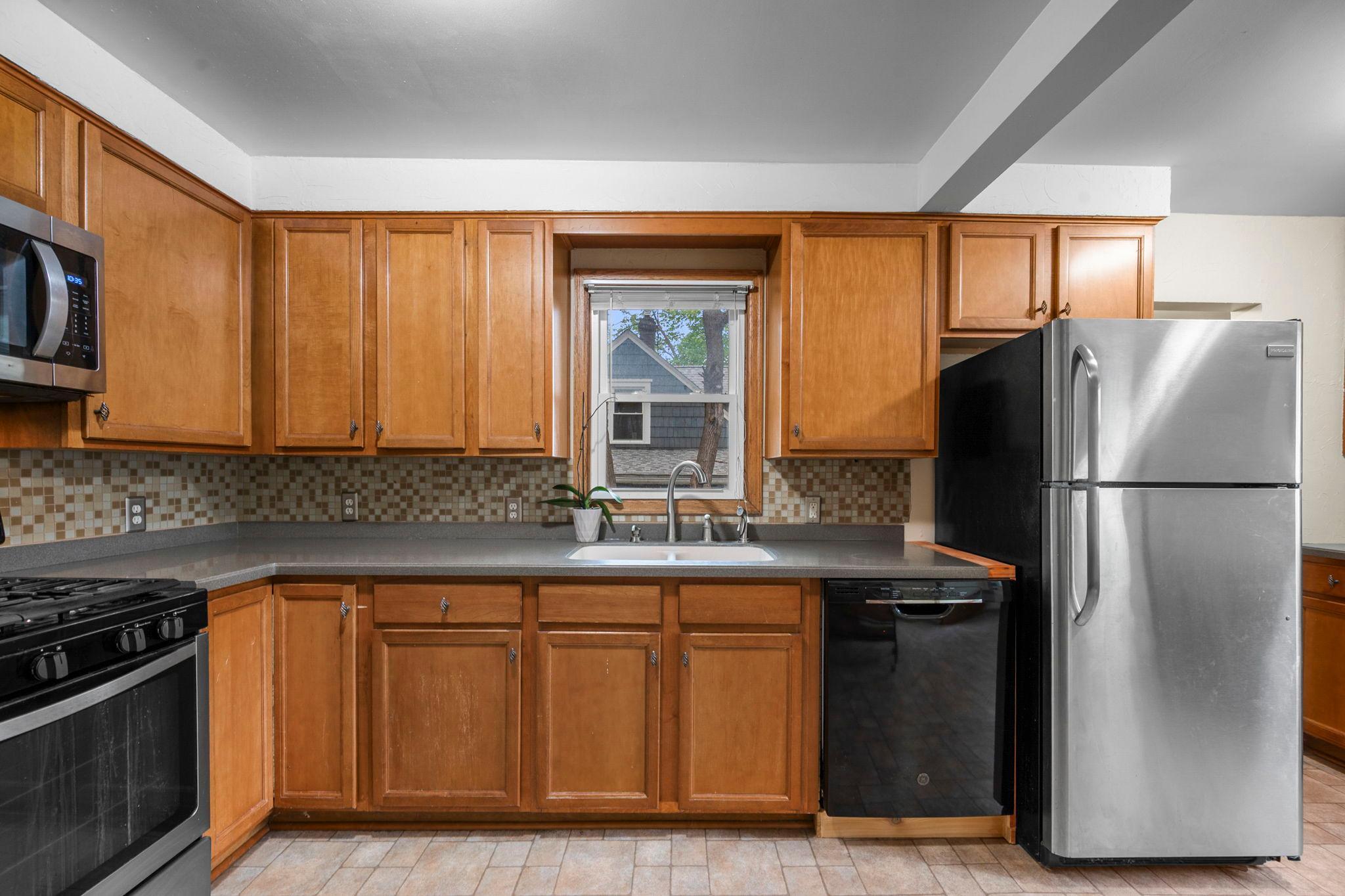 Stainless steel appliances and lots of counter space.