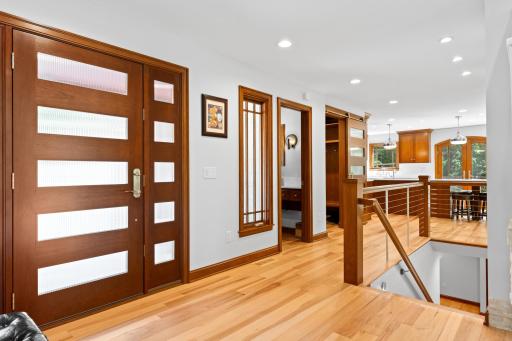 Hickory wood flooring and butcher block stairs