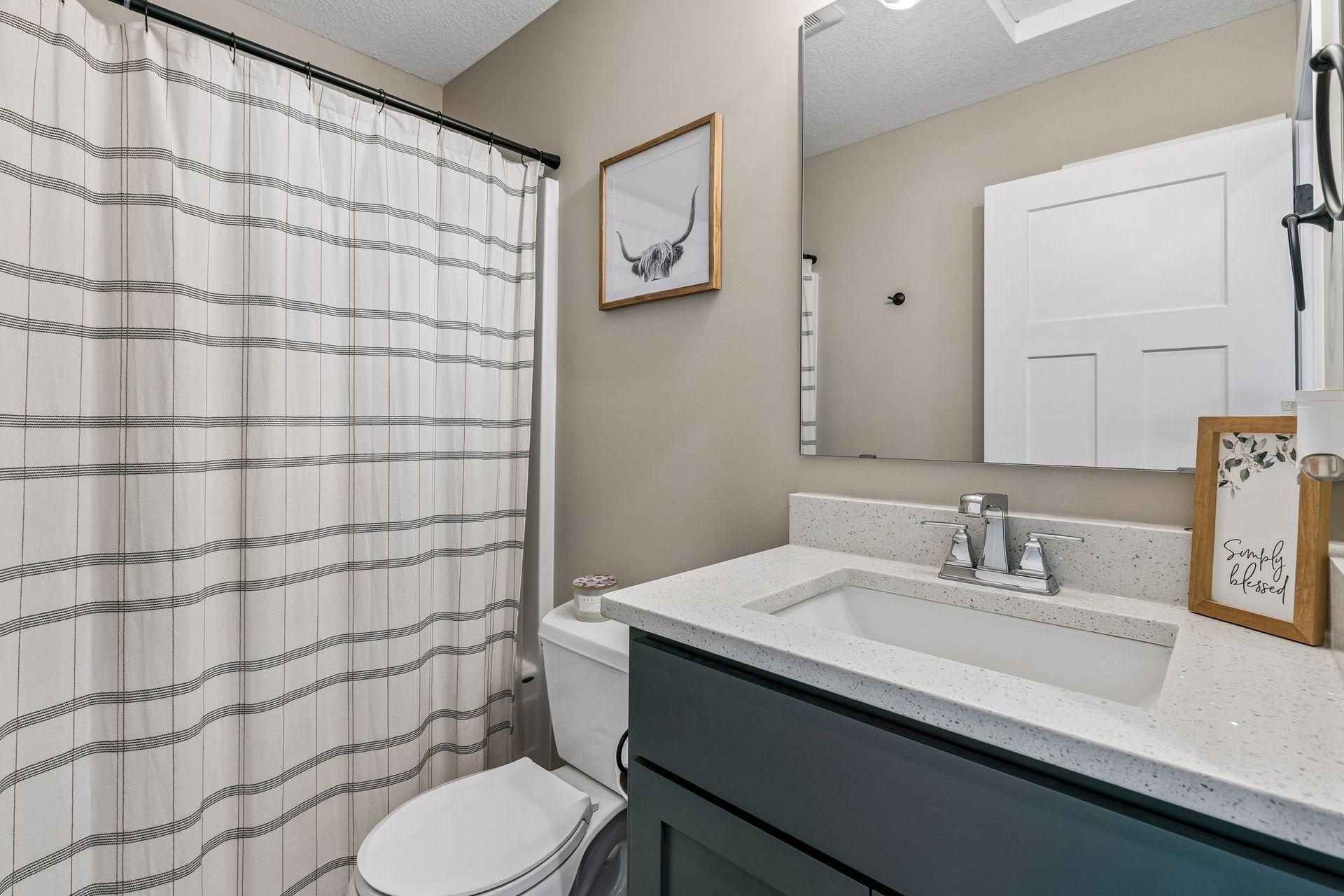Bathroom on the upper level which is super cute and has its own vanity storage.