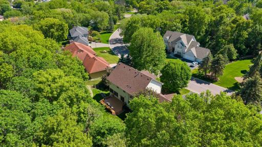 View of the back of the home from above the trees.