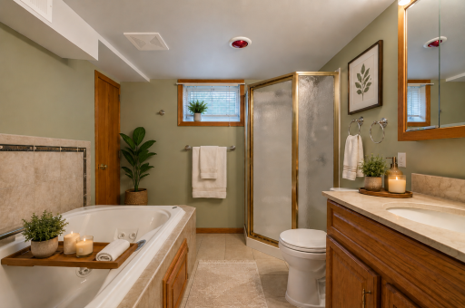 Spacious spa-like bathroom with a large Jacuzzi tub & seperate walk-in shower.