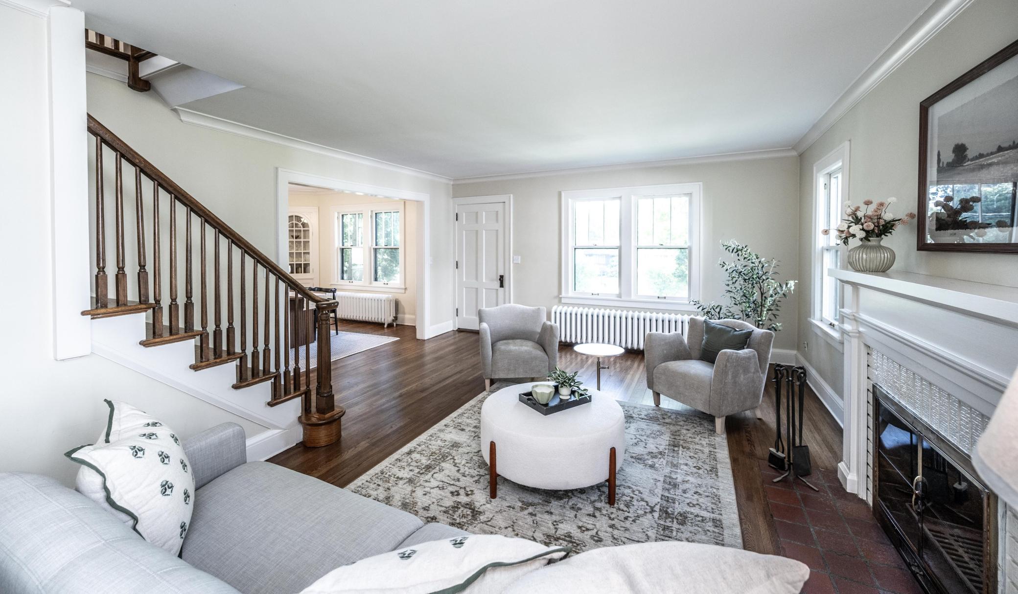 Living room with wood burning fireplace