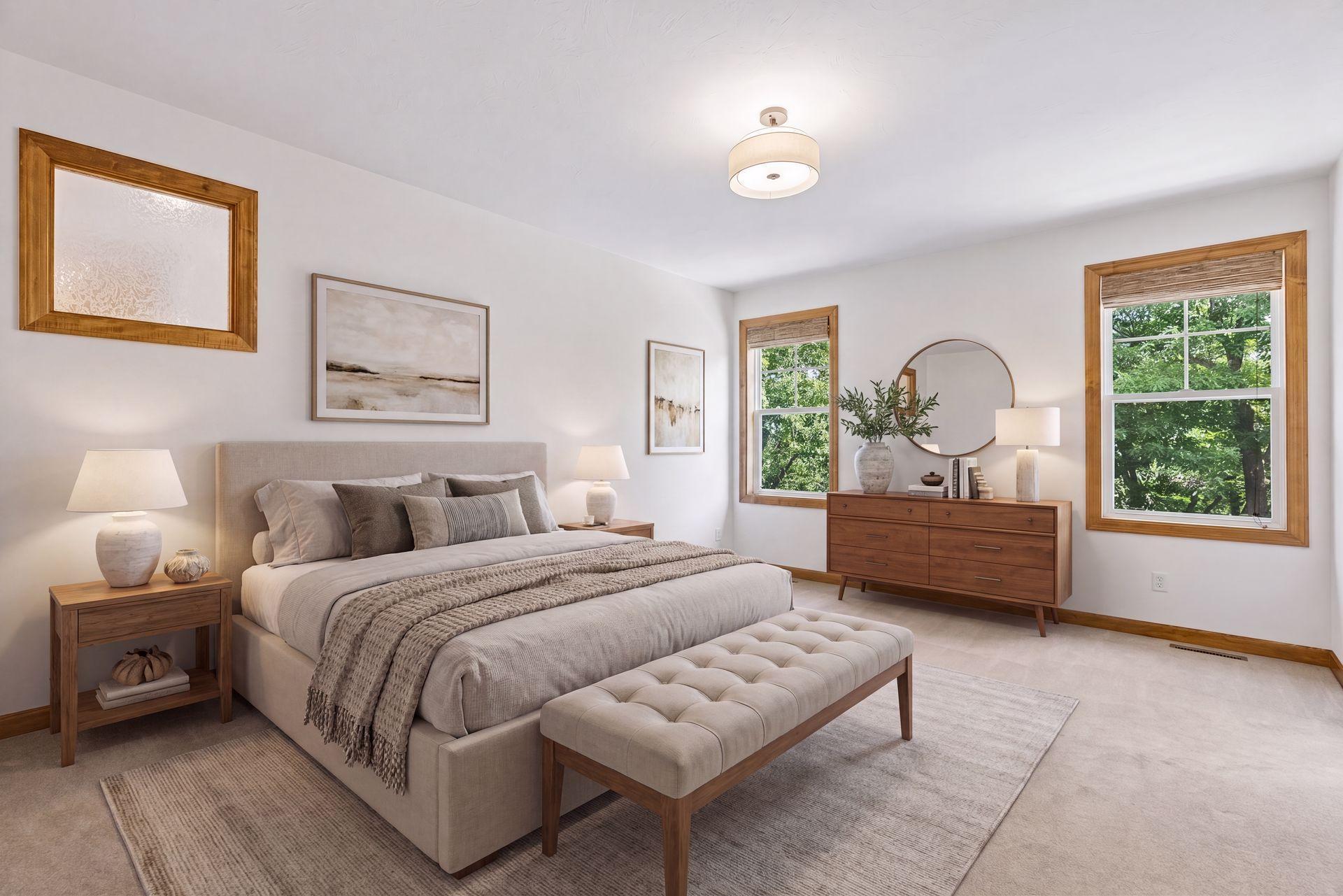 Primary bedroom suite. (virtually staged). Primary bedroom has views of the backyard. Freshly painted and new lighting.