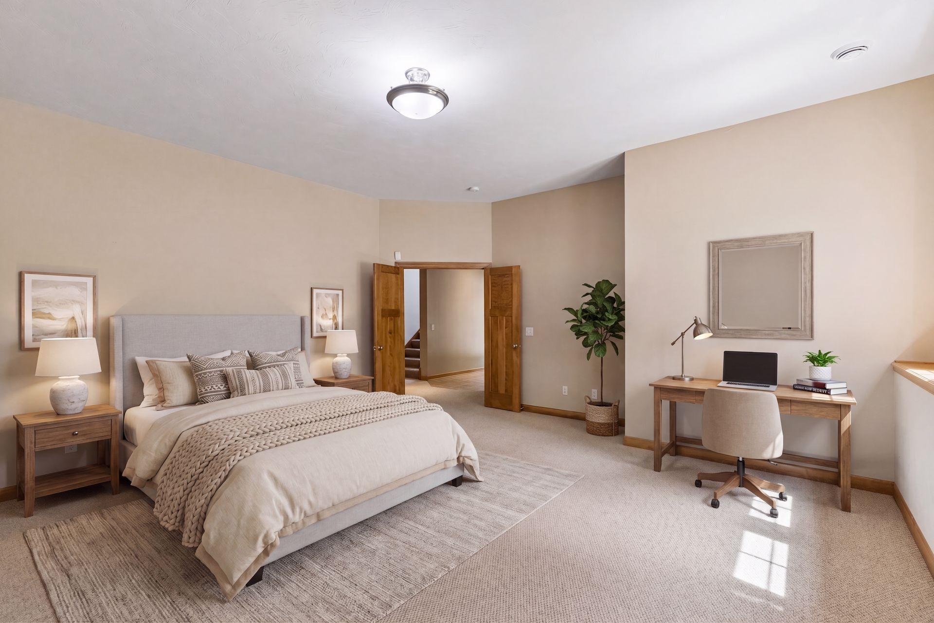 The bedrooms are all generously sized. This fifth bedroom is in the lower level with 10 foot ceilings, window with great natural light. Was previously used as a gym area. (Virtually staged)