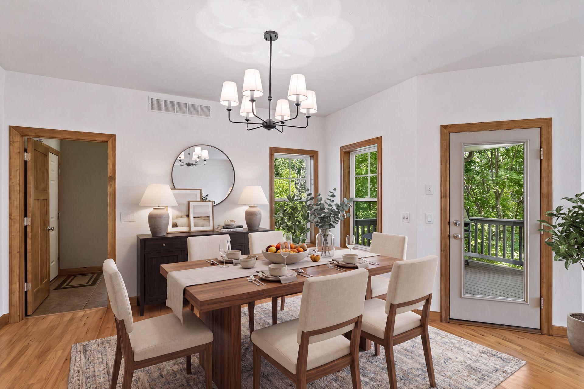 Large dining area with covered deck just out the door. (virtually staged)