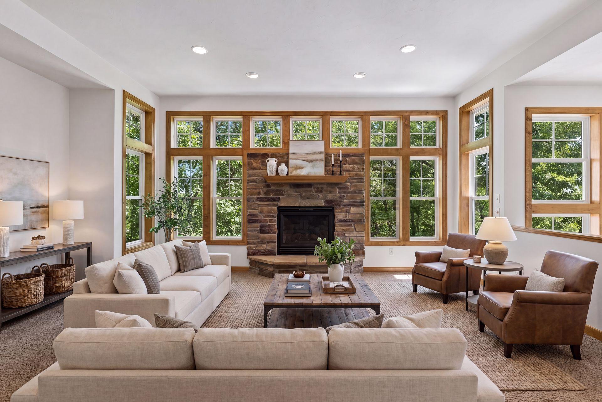 Wall of windows overlooking the pool and your wooded backyard. (virtually staged)