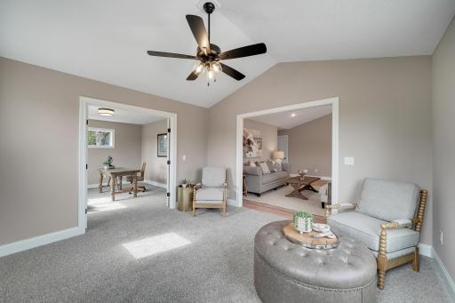 The sun room has access to the living room and home office.