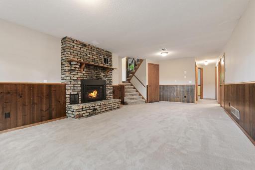 Cozy, spacious lower level family room space with fireplace converted now to a gas fireplace. Great crawl space too - perfect for extra storage