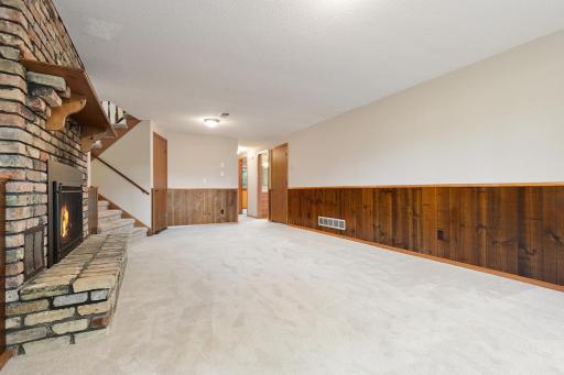 Cozy, spacious lower level family room space with fireplace converted now to a gas fireplace. Great crawl space too - perfect for extra storage