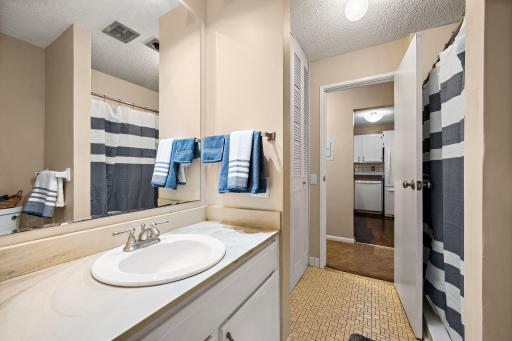 The walk-through bathroom features a large, walk-in shower.