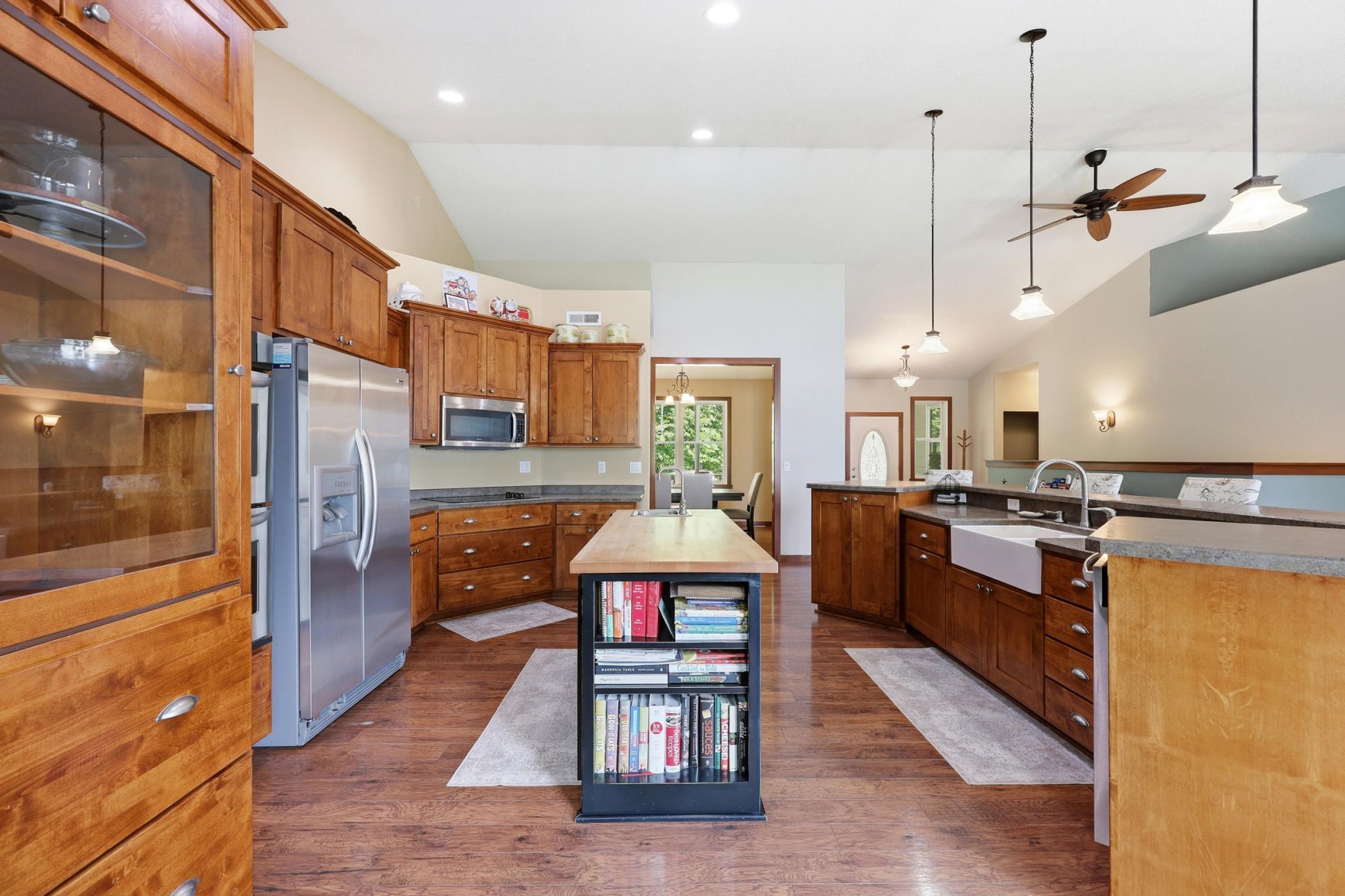 Butcher Block Island in Center with Shelving for Cookbooks, Etc.