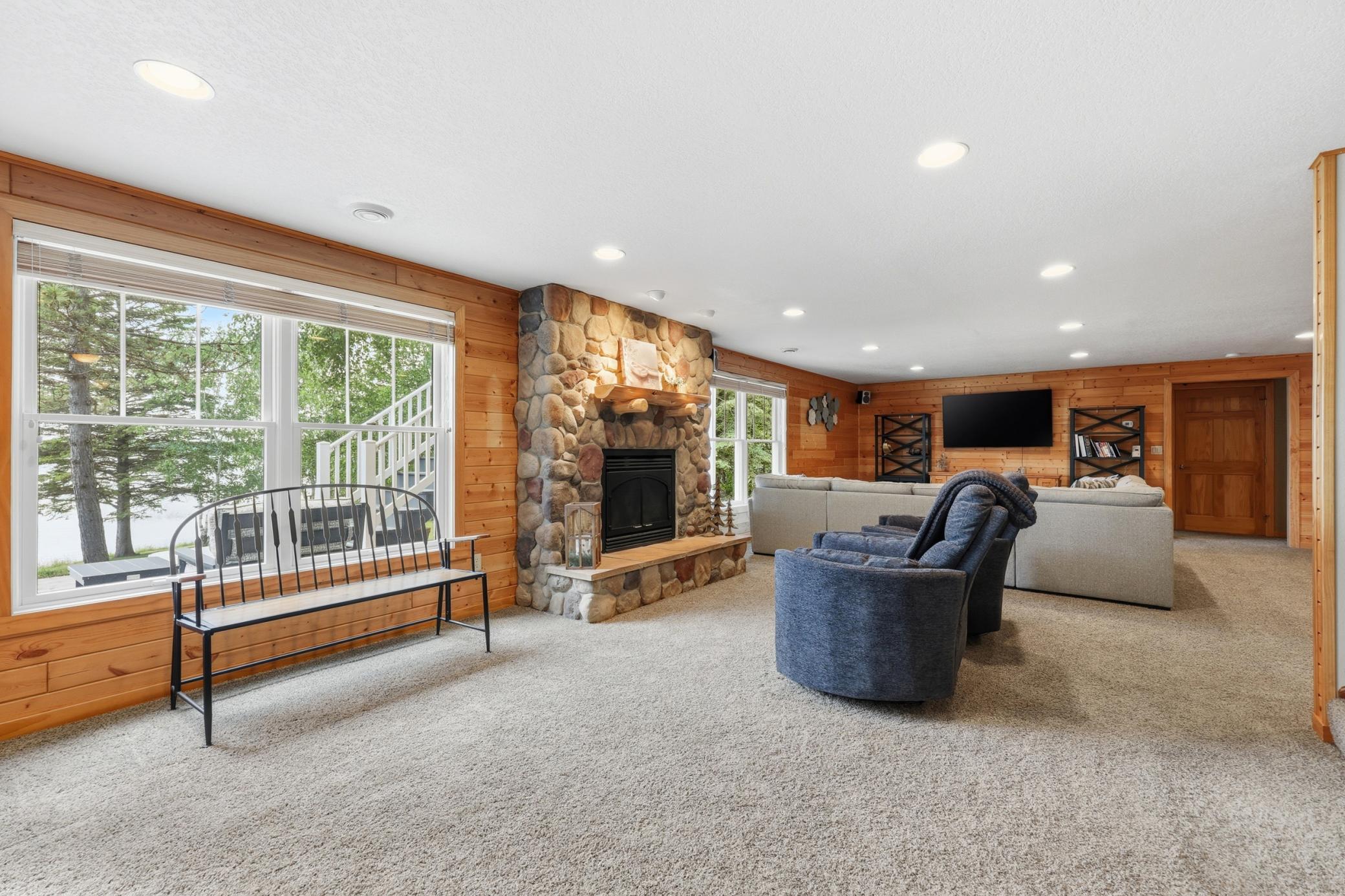 Family Room (lower level) with Gas Fireplace and Views to Lake