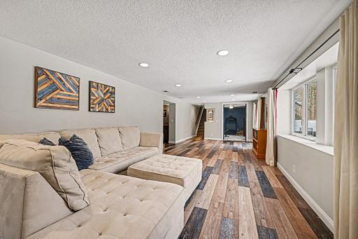 Relaxation with a view! The large lower-level family room offers the perfect vantage point to enjoy your private wooded lot. Huge windows bring the outdoors in, creating a serene and sun-filled environment for relaxing or hosting.