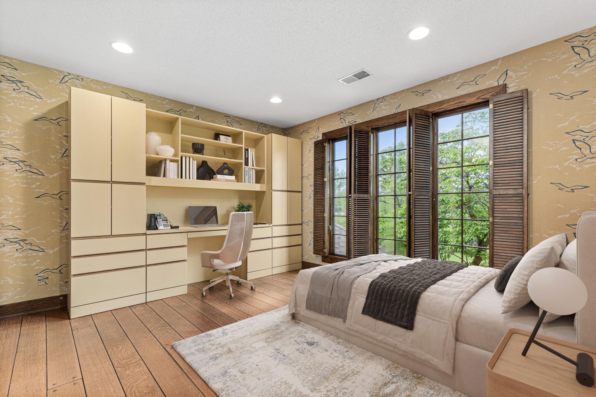 One of four bedrooms on the upper level. This overlooks the beautiful front yard. Built-in desk makes studying from home easy. Visually staged.