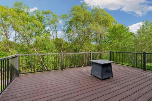The beautiful maintenance free deck overlooks the large fenced in yard with views of the golf course.