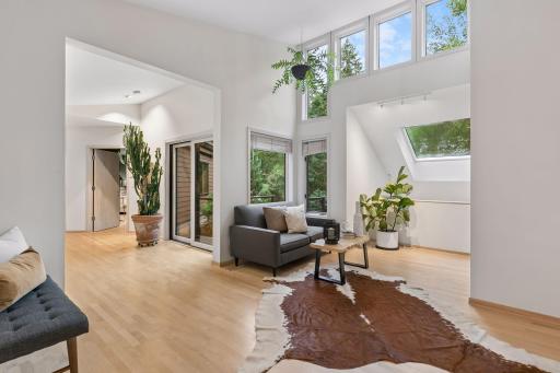 Vaulted living area with skylight and treetop views.