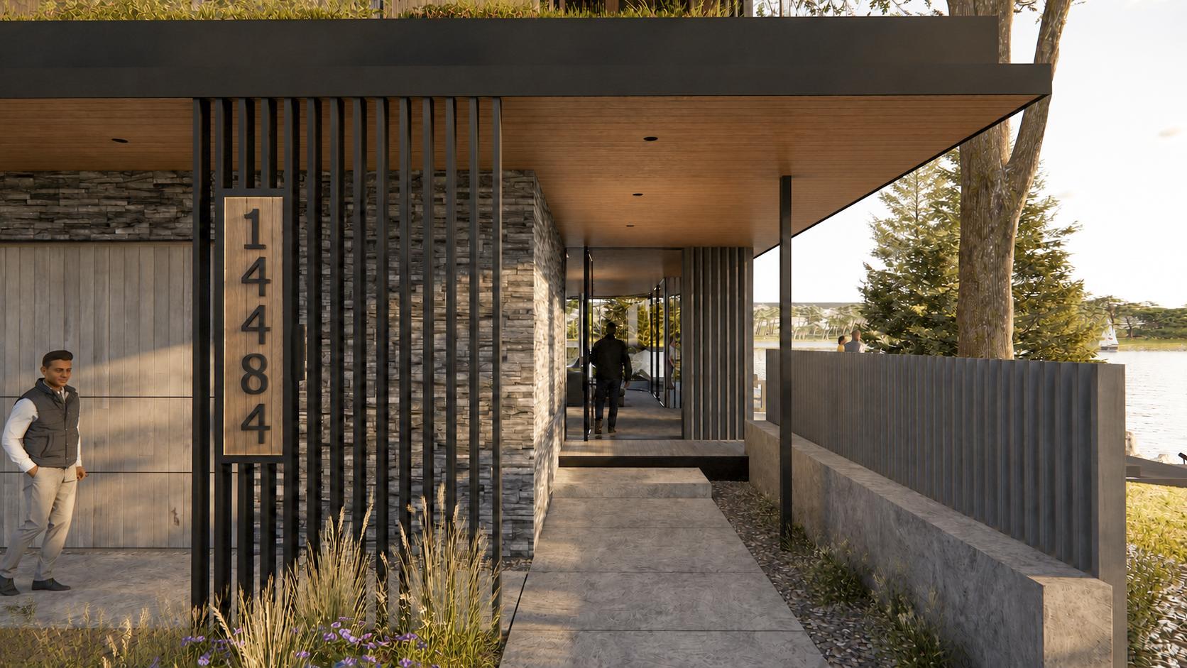 A modern covered walkway to your pivot door allows you to experience the lakeshore from multiple viewpoints.
