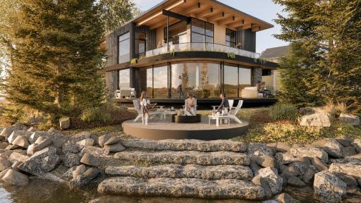 Rounded floor-to-ceiling triple pane glass offers panoramic views to the east, south, and west of Lower Prior Lake
