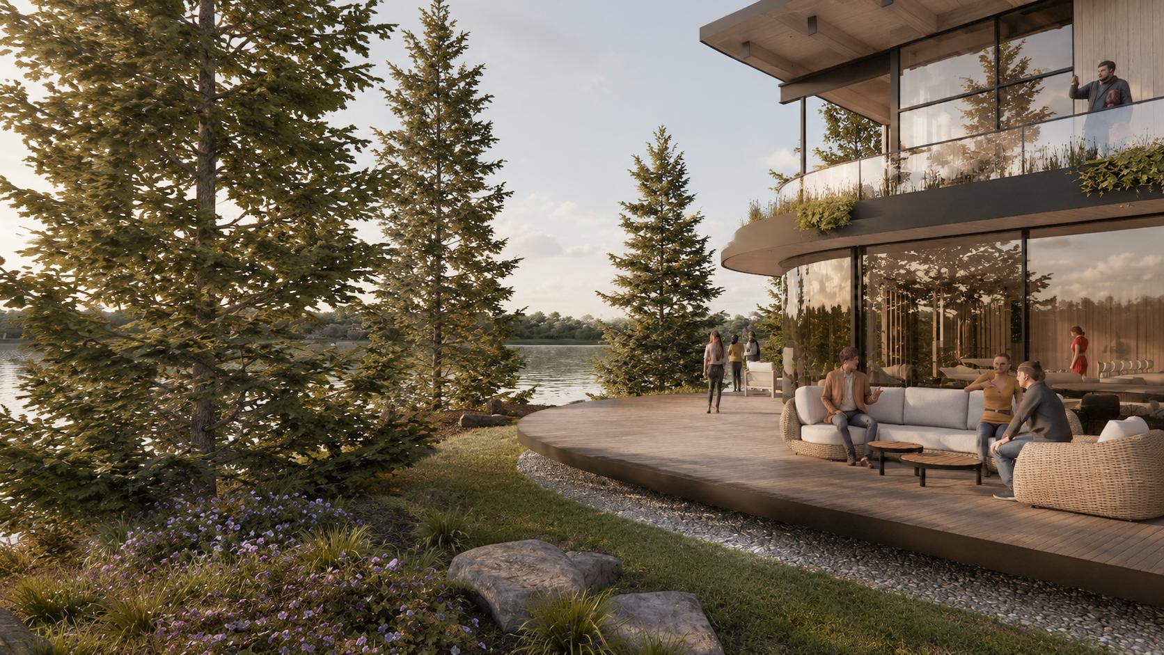 Incredible mature pines frame the views from this Minnesota Modern home. Lush mature landscaping with rock outcroppings bring an "up north" feel to this premier lakeshore property.