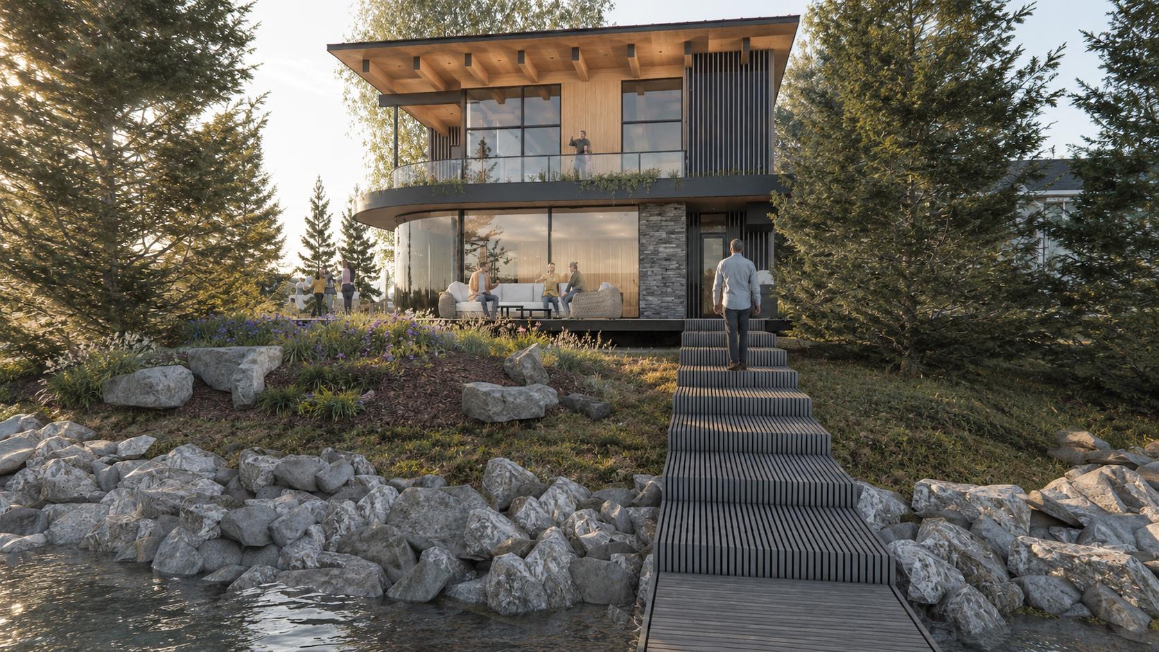 With approximately 287 feet of lakeshore, this property allows for two separate docks - each with walkways down to the waters edge from this remarkable modern home. This walkway faces straight east for views of the sunrises across the lake.