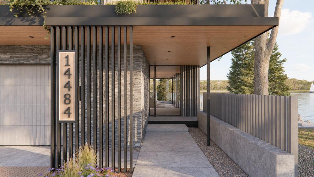 A modern covered walkway to your pivot door allows you to experience the lakeshore from multiple viewpoints