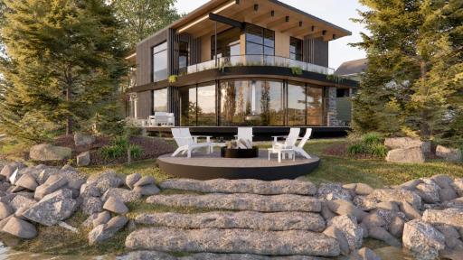 Rounded floor-to-ceiling triple pane glass offers panoramic views to the east, south, and west of Lower Prior Lake
