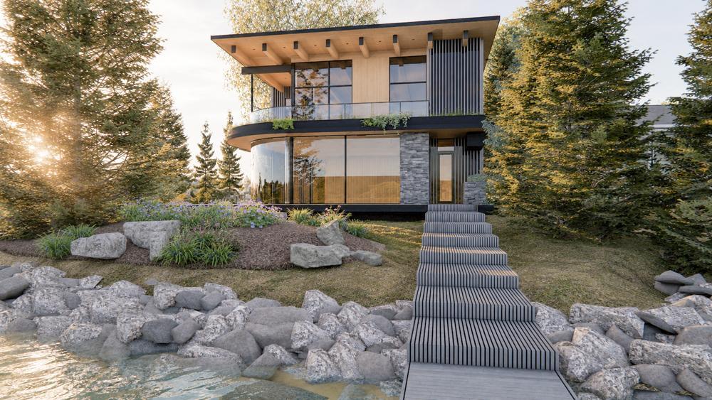 With approximately 287 feet of lakeshore, this property allows for two separate docks - each with walkways down to the waters edge from this remarkable modern home. This walkway faces straight east for views of the sunrises across the lake
