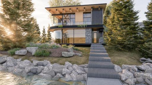 With approximately 287 feet of lakeshore, this property allows for two separate docks - each with walkways down to the waters edge from this remarkable modern home. This walkway faces straight east for views of the sunrises across the lake