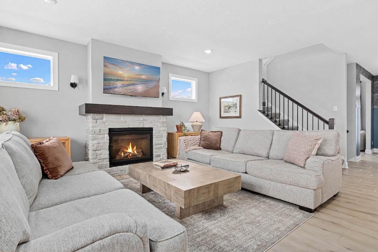 Large cozy living room with gas fireplace