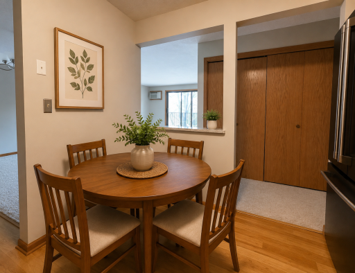 Another AI photo w/kitchen table showing the patio doors in the living room. Very handy off the entry and living room.