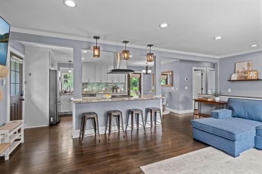Oversized breakfast bar is perfect for entertaining and easy dinners at home.