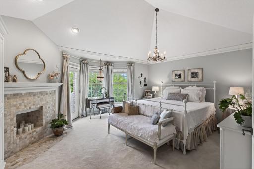 Primary Suite w/ Soaring Vault, Stone fireplace