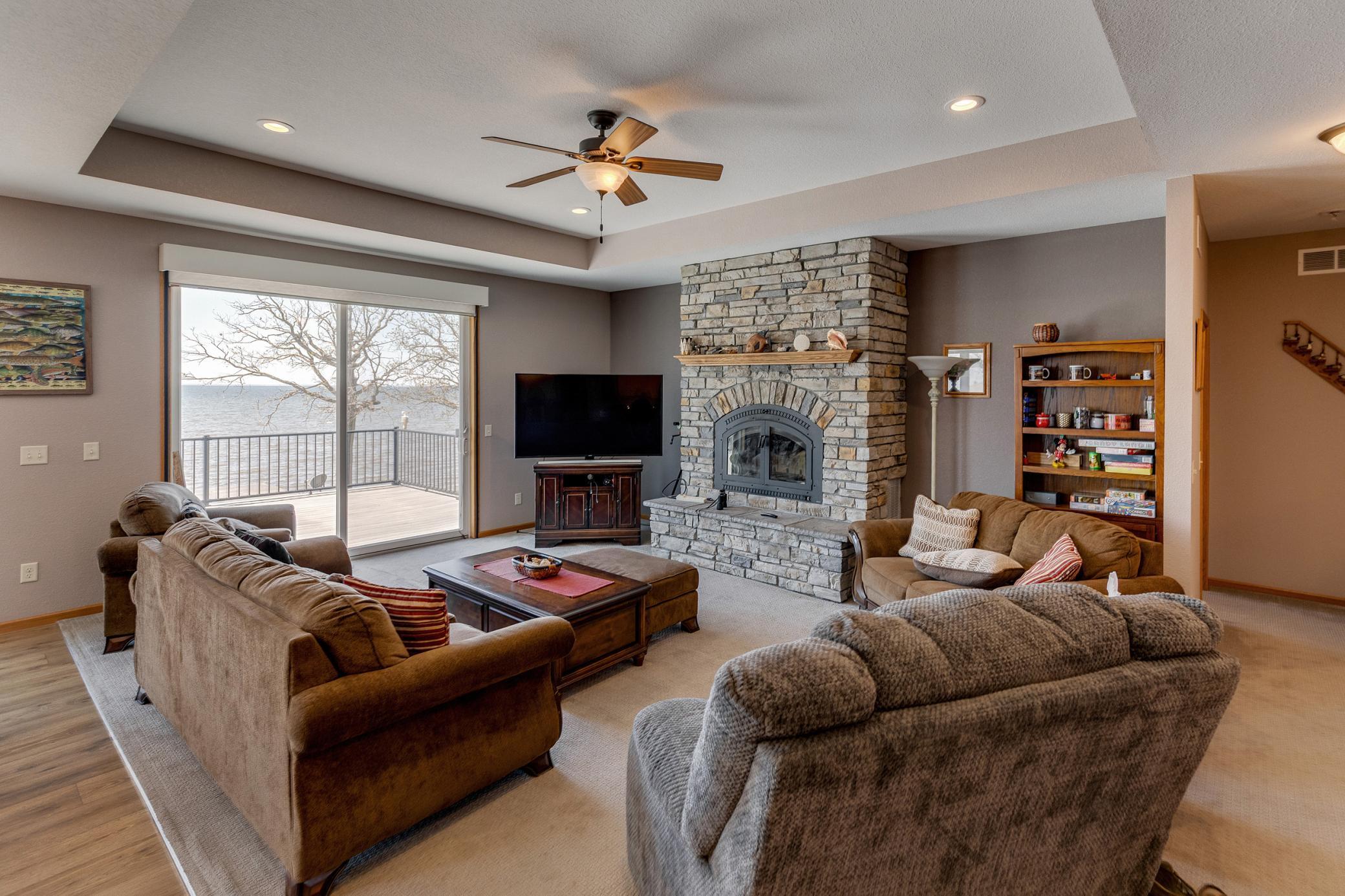 Stone fire place with lake view