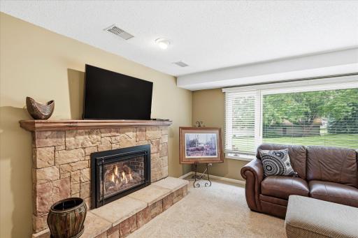 Closer view of the lower level gas fireplace.