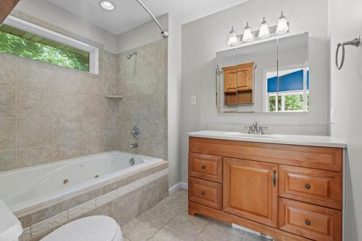 Main-level primary bathroom with jacuzzi tub.