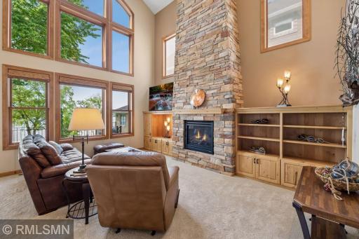 Great room with all natural stone hearth and gas fireplace
