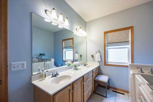 Double sinks and plenty of space in primary bathroom!