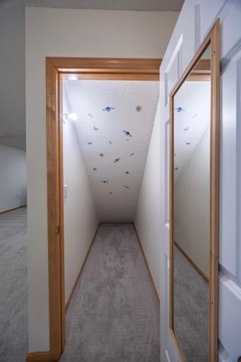 Cozy, carpeted space under the stairs for a fort or additional storage!