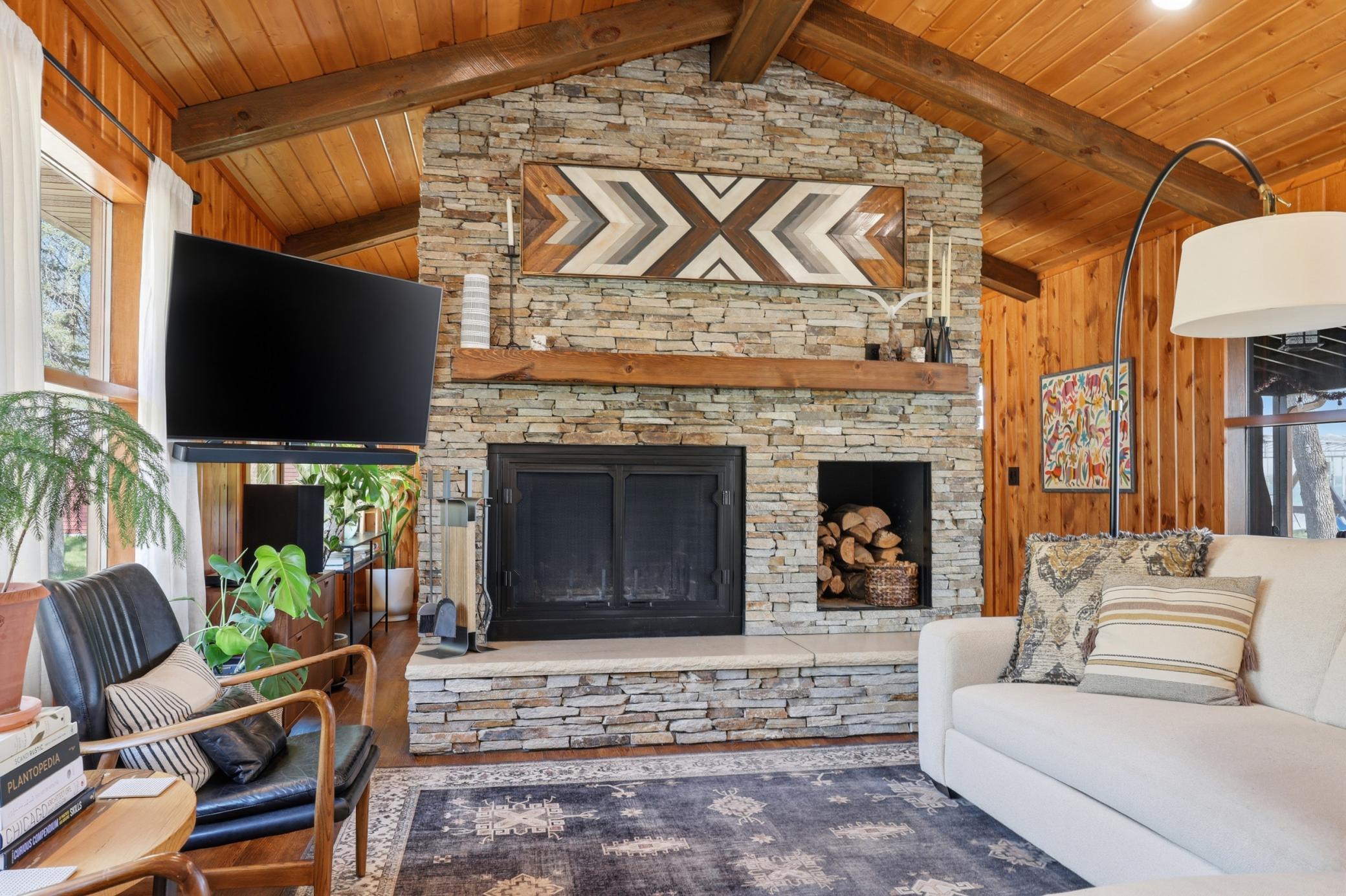 Wood Burning Stone Fireplace