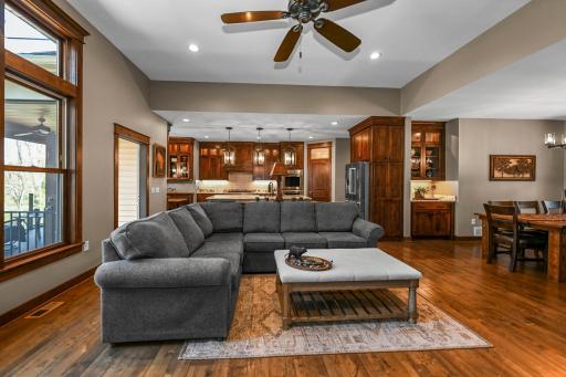 Open sightlines connect the living, kitchen & dining spaces