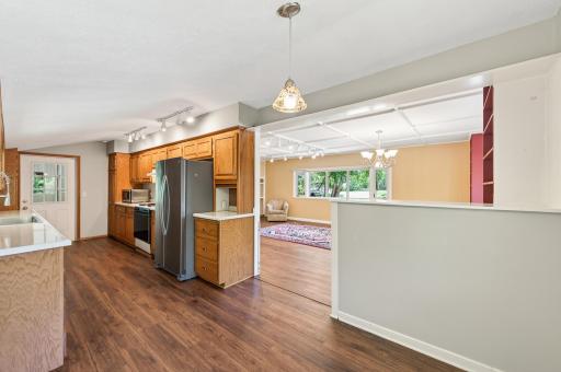 View into kitchen from informal dining area