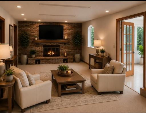 Staged ai. Family Room with wood burning fire place.