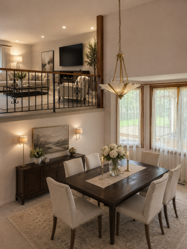 Staged ai. Dinning Room with visible Living Room