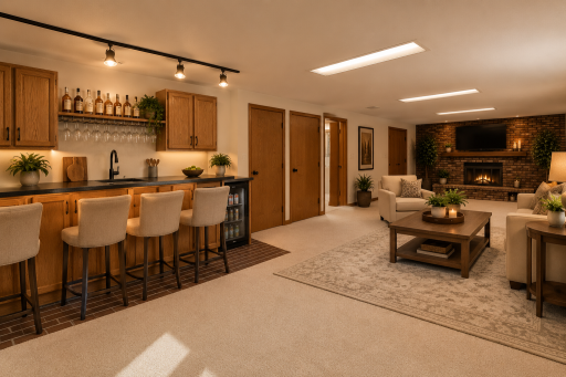 Staged ai. Family Room with built-in bar cabinets.