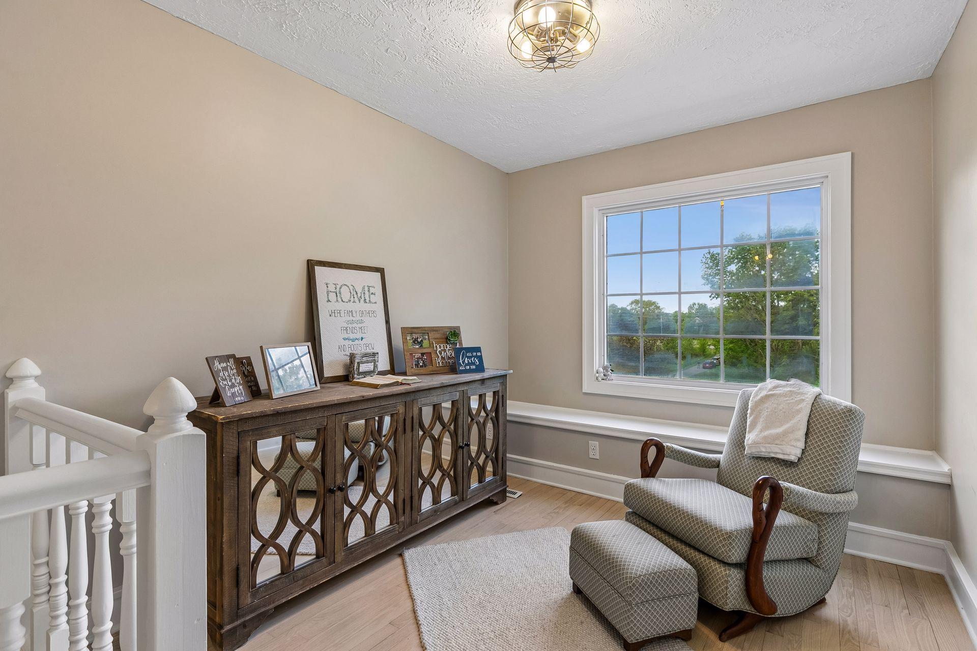 The space has a built-in window seat.