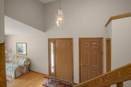 Inside look at front and garage doors from stairs