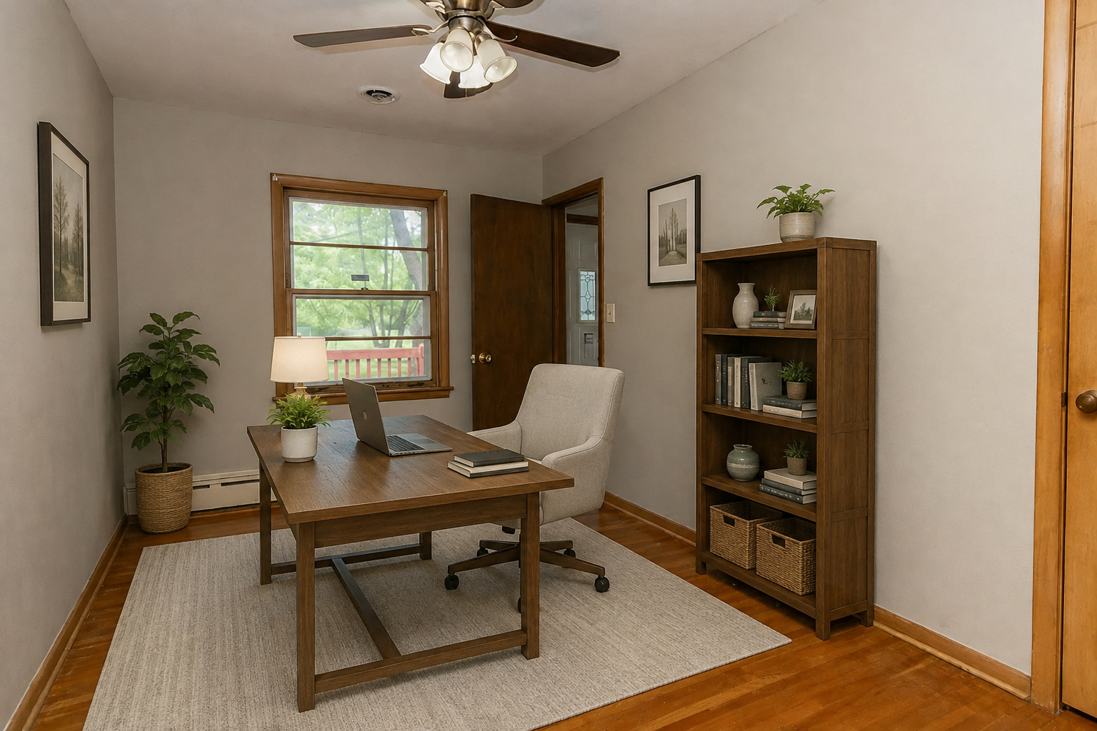 Main level 2nd bedroom with hardwood floors, ceiling fan and backyard views. Virtually staged.