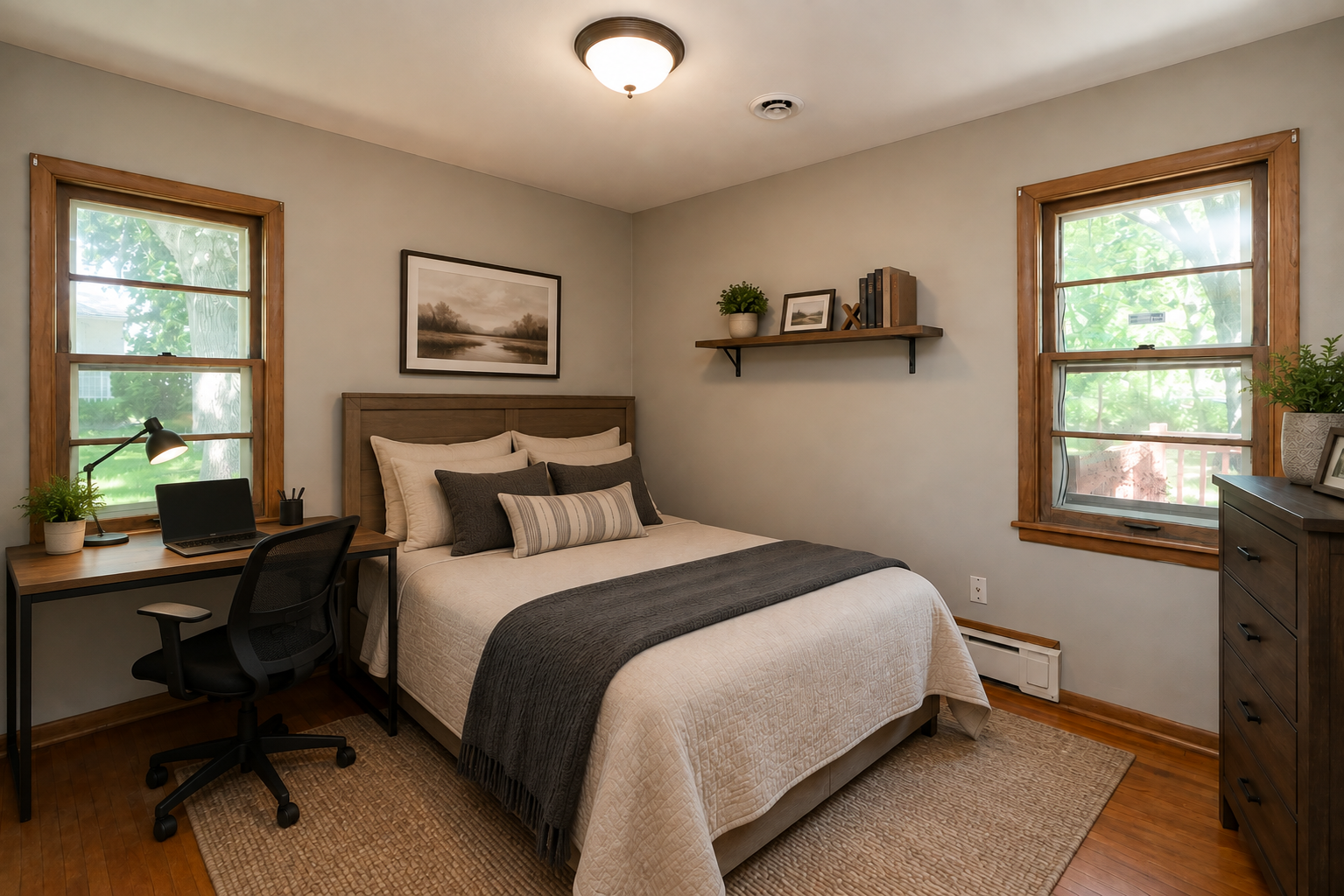 Main level 3rd bedroom with hardwood floors, closet space, and large windows for natural sunlight. Virtually staged.