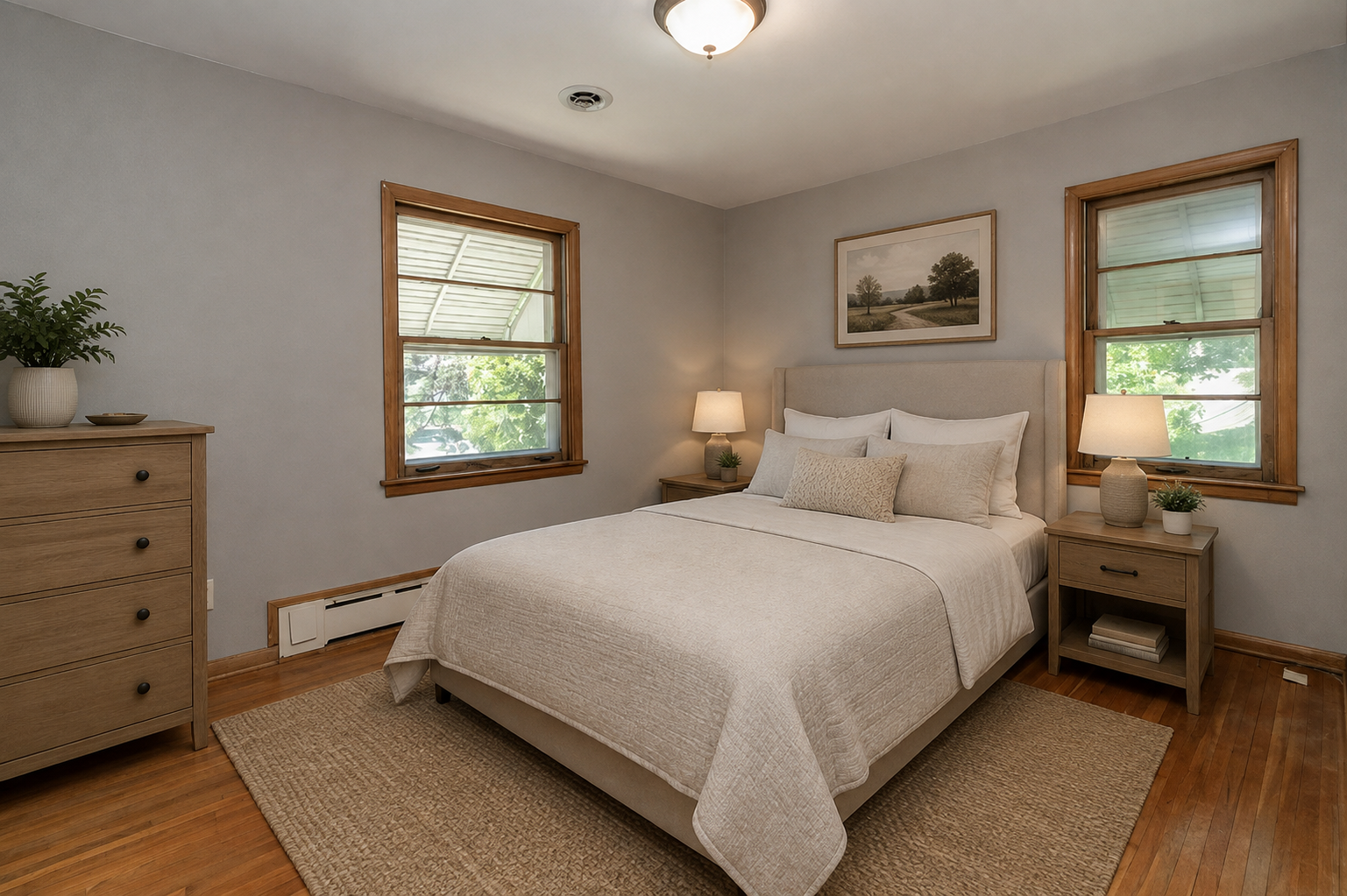 Main level 1st bedroom with hardwood floors. Virtually staged.